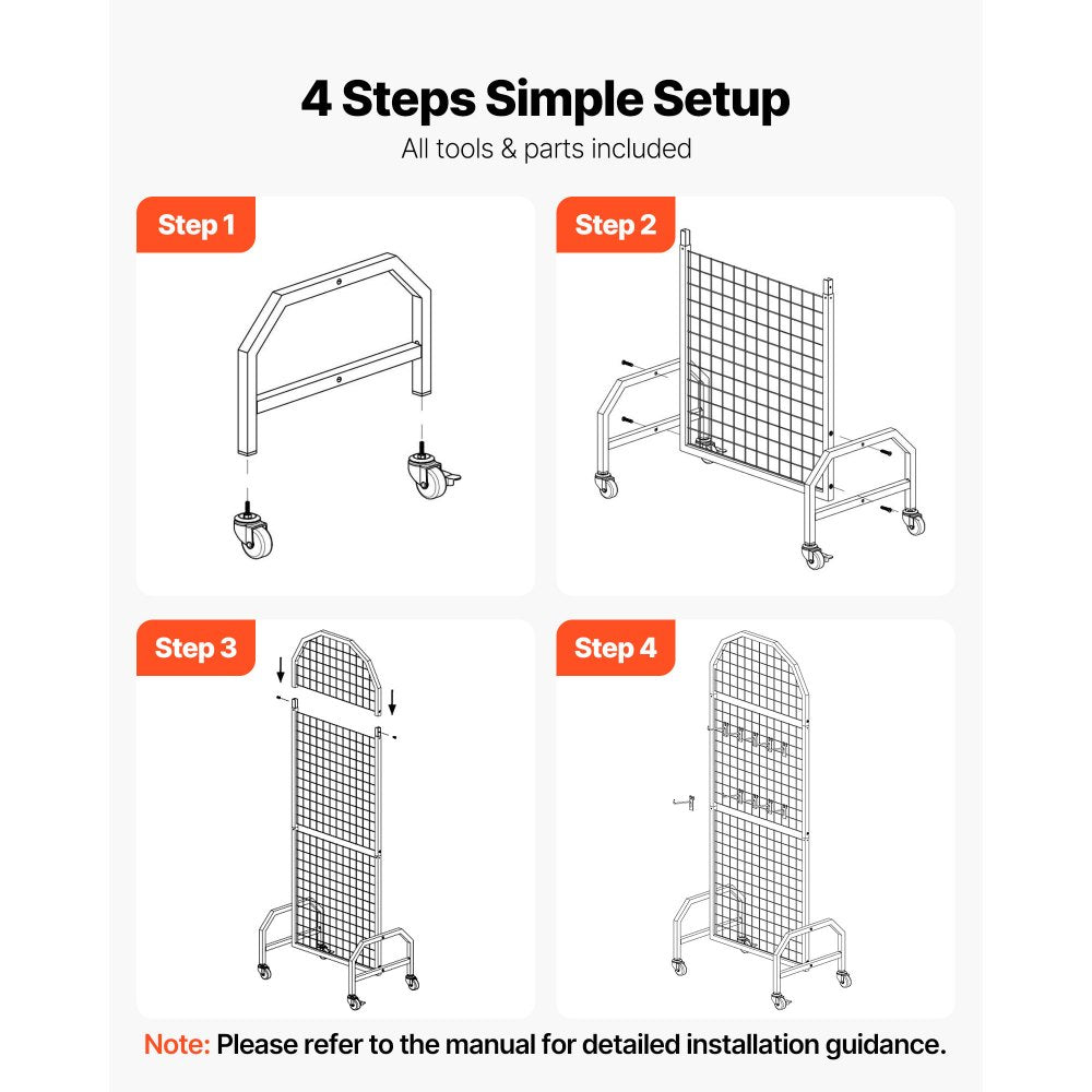 VEVOR 2 Packs Grid Wall Panels, 1.9 x 5.4 ft Wire Grid Panels Display Rack, Movable Art Display Shelf with Wheels and 20 Hooks, Black Carbon Steel Gridwall for Craft Show, Decor, Storage, Notice Board