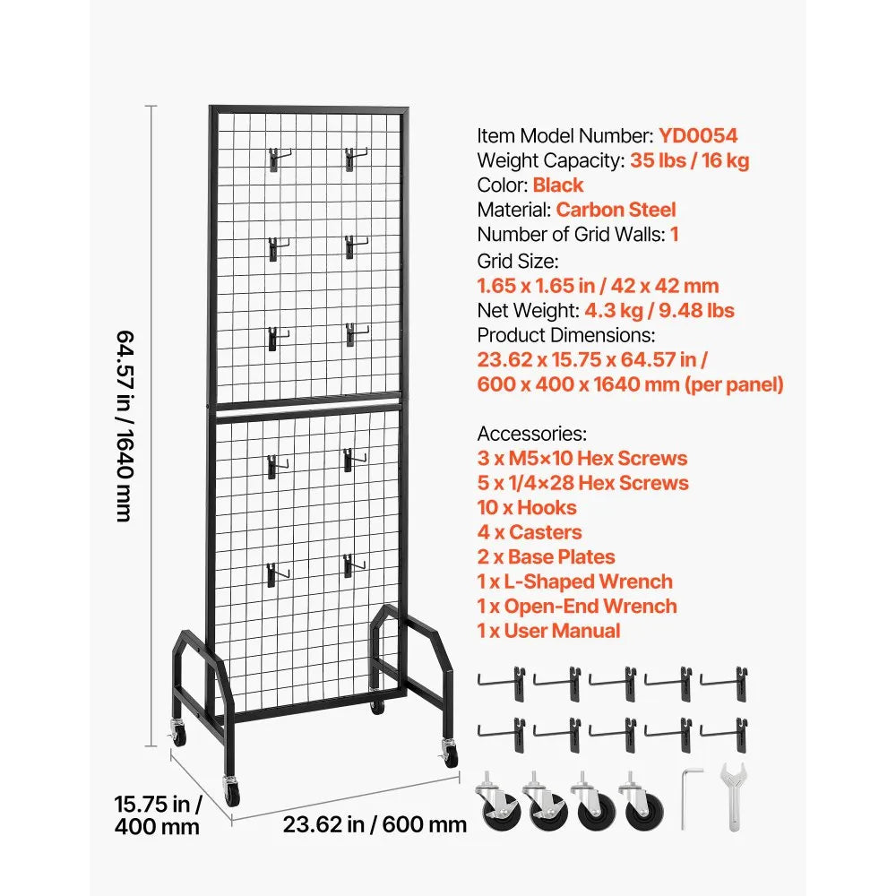 VEVOR Grid Wall Panel, 1.9 x 5.4 ft Wire Grid Panels Display Rack, Movable Art Display Shelf with Wheels and 10 Hooks, Black Carbon Steel Gridwall for Craft Show, Decoration, Storage, Notice Board