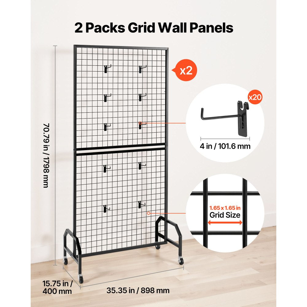 VEVOR 2 Packs Grid Wall Panels, 2.9 x 5.9 ft Wire Grid Panels Display Rack, Movable Art Display Shelf with Wheels and 10 Hooks, Black Carbon Steel Gridwall for Craft Show, Decor, Storage, Notice Board