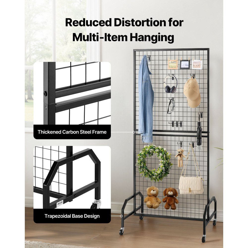 VEVOR 2 Packs Grid Wall Panels, 2.9 x 5.9 ft Wire Grid Panels Display Rack, Movable Art Display Shelf with Wheels and 10 Hooks, Black Carbon Steel Gridwall for Craft Show, Decor, Storage, Notice Board