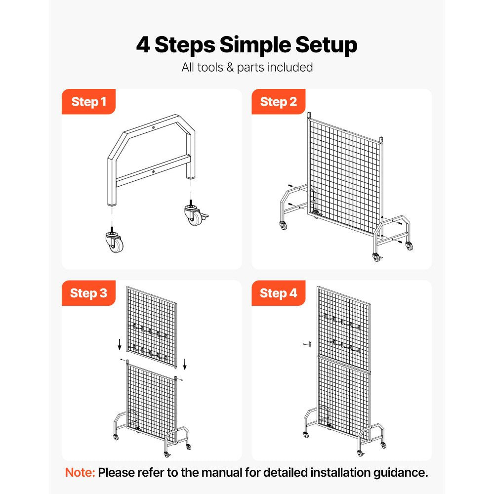 VEVOR 2 Packs Grid Wall Panels, 2.9 x 5.9 ft Wire Grid Panels Display Rack, Movable Art Display Shelf with Wheels and 10 Hooks, Black Carbon Steel Gridwall for Craft Show, Decor, Storage, Notice Board