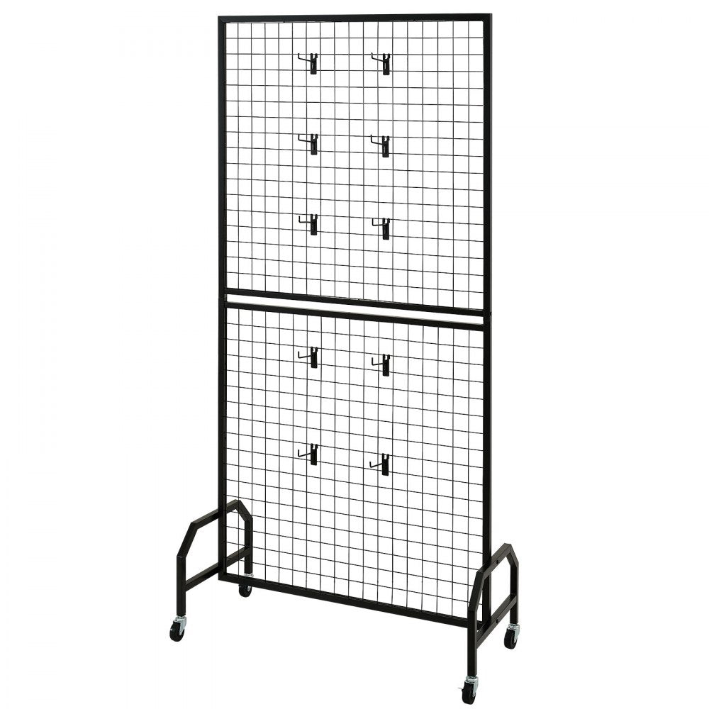 VEVOR 2 Packs Grid Wall Panels, 2.9 x 5.9 ft Wire Grid Panels Display Rack, Movable Art Display Shelf with Wheels and 10 Hooks, Black Carbon Steel Gridwall for Craft Show, Decor, Storage, Notice Board
