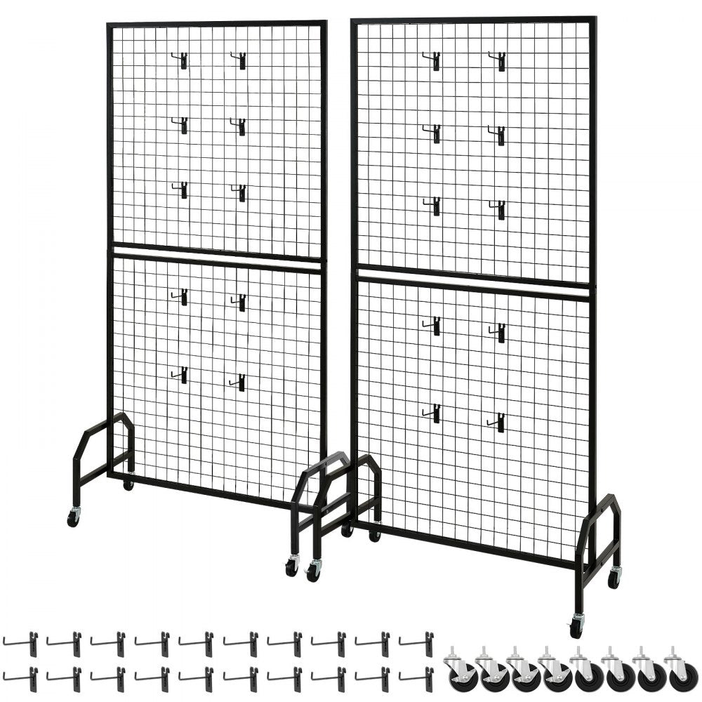 VEVOR 2 Packs Grid Wall Panels, 2.9 x 5.9 ft Wire Grid Panels Display Rack, Movable Art Display Shelf with Wheels and 10 Hooks, Black Carbon Steel Gridwall for Craft Show, Decor, Storage, Notice Board