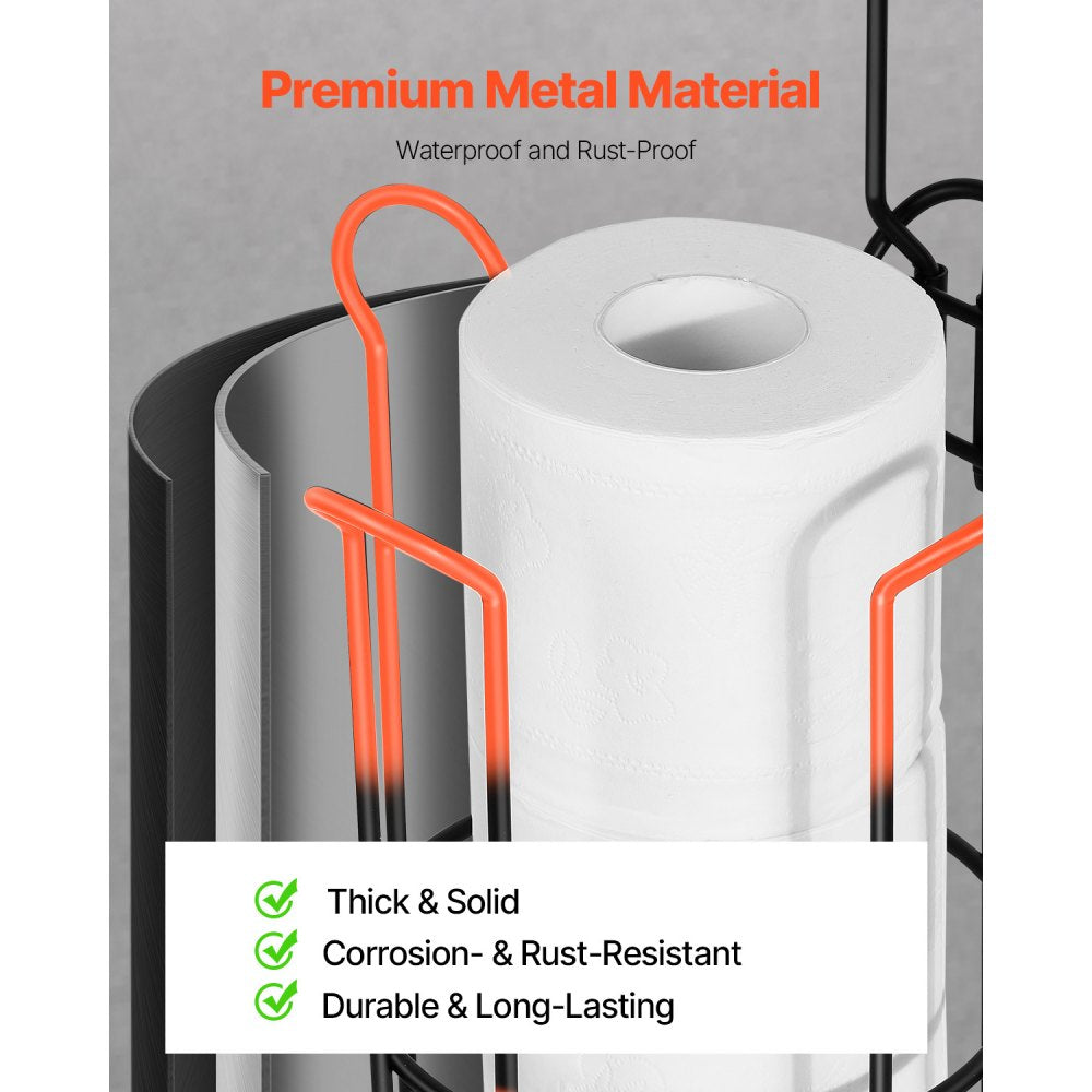 VEVOR Free Standing Toilet Paper Holder with Shelf, 3-in-1 Premium Metal Material, Store Up to 4 Mega Rolls, Elevated Base Design, Tissue Roll Storage Rack for Bathroom, Washroom, Matte Black