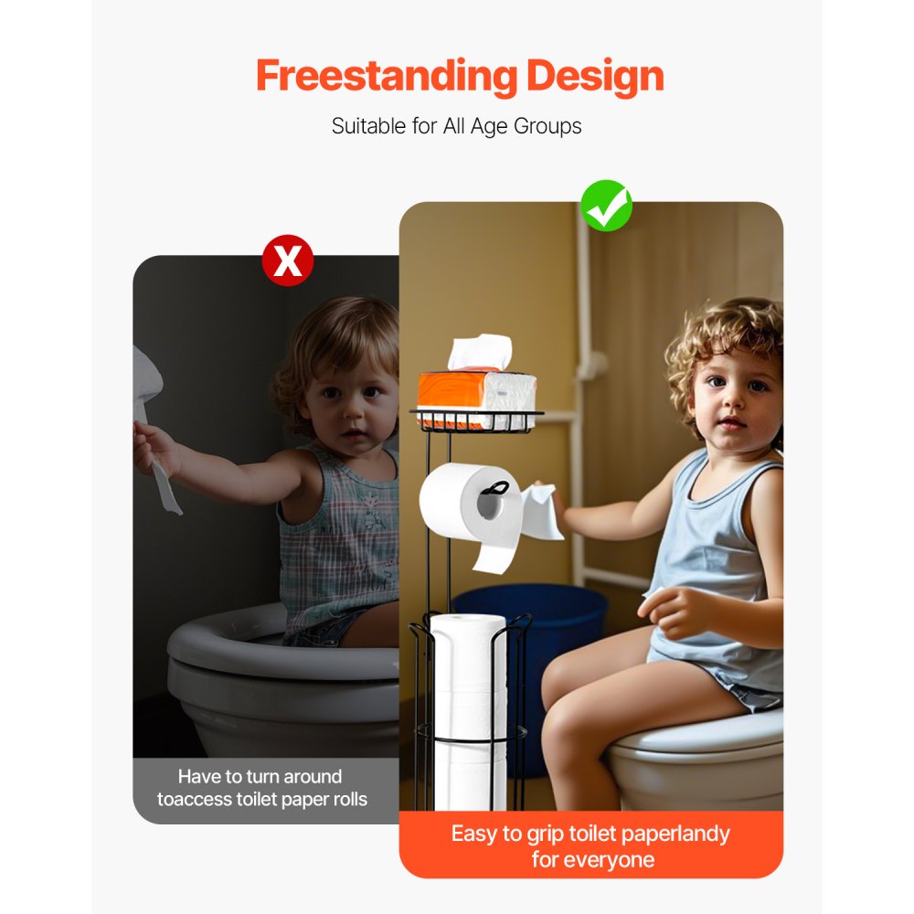 VEVOR Free Standing Toilet Paper Holder with Shelf, 3-in-1 Premium Metal Material, Store Up to 4 Mega Rolls, Elevated Base Design, Tissue Roll Storage Rack for Bathroom, Washroom, Matte Black
