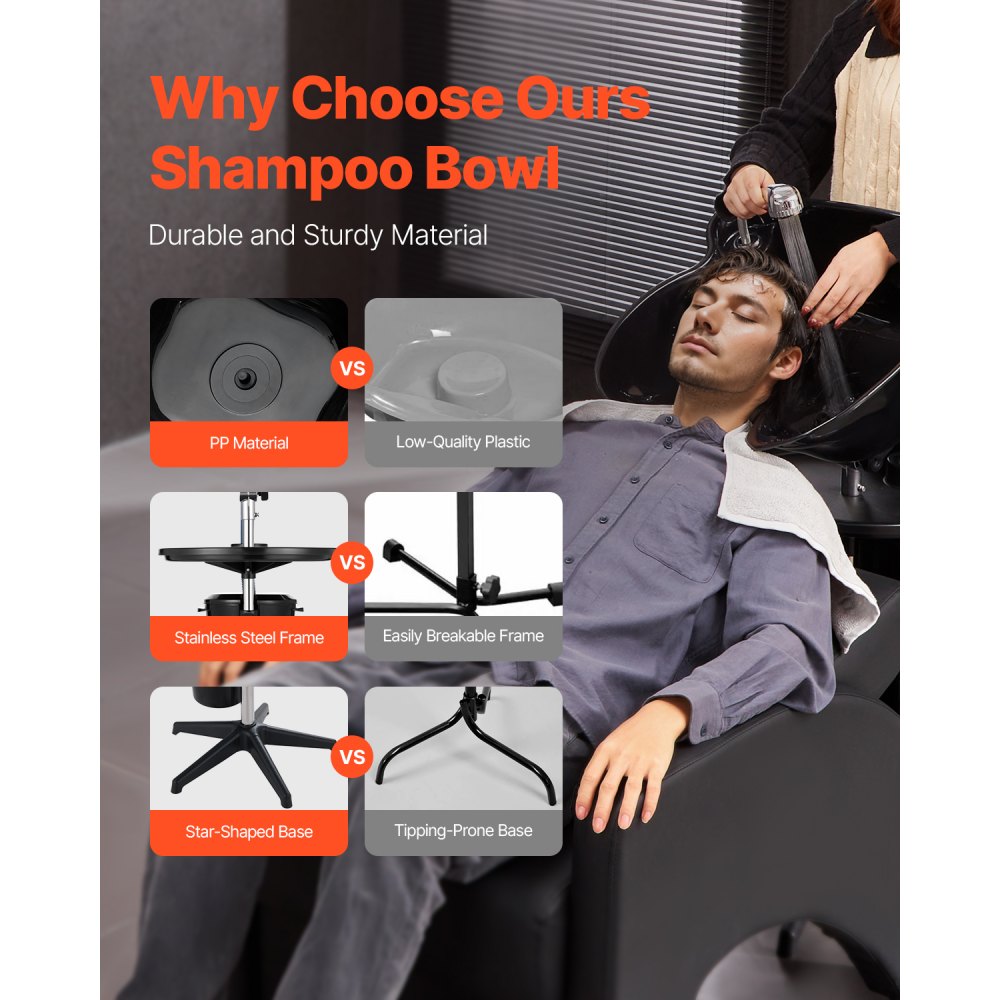 VEVOR Portable Shampoo Bowl, Deep Shampoo Sink for Washing Hair with Adjustable Height and Angle, Includes Drain Hose, Shower Head and Bucket, Portable Salon Sink for Barbershop Spa Center Use, Black