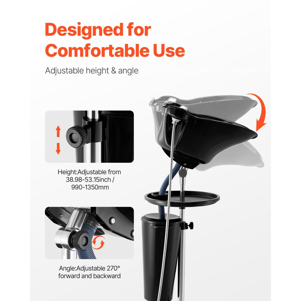 VEVOR Portable Shampoo Bowl, Deep Shampoo Sink for Washing Hair with Adjustable Height and Angle, Includes Drain Hose, Shower Head and Bucket, Portable Salon Sink for Barbershop Spa Center Use, Black