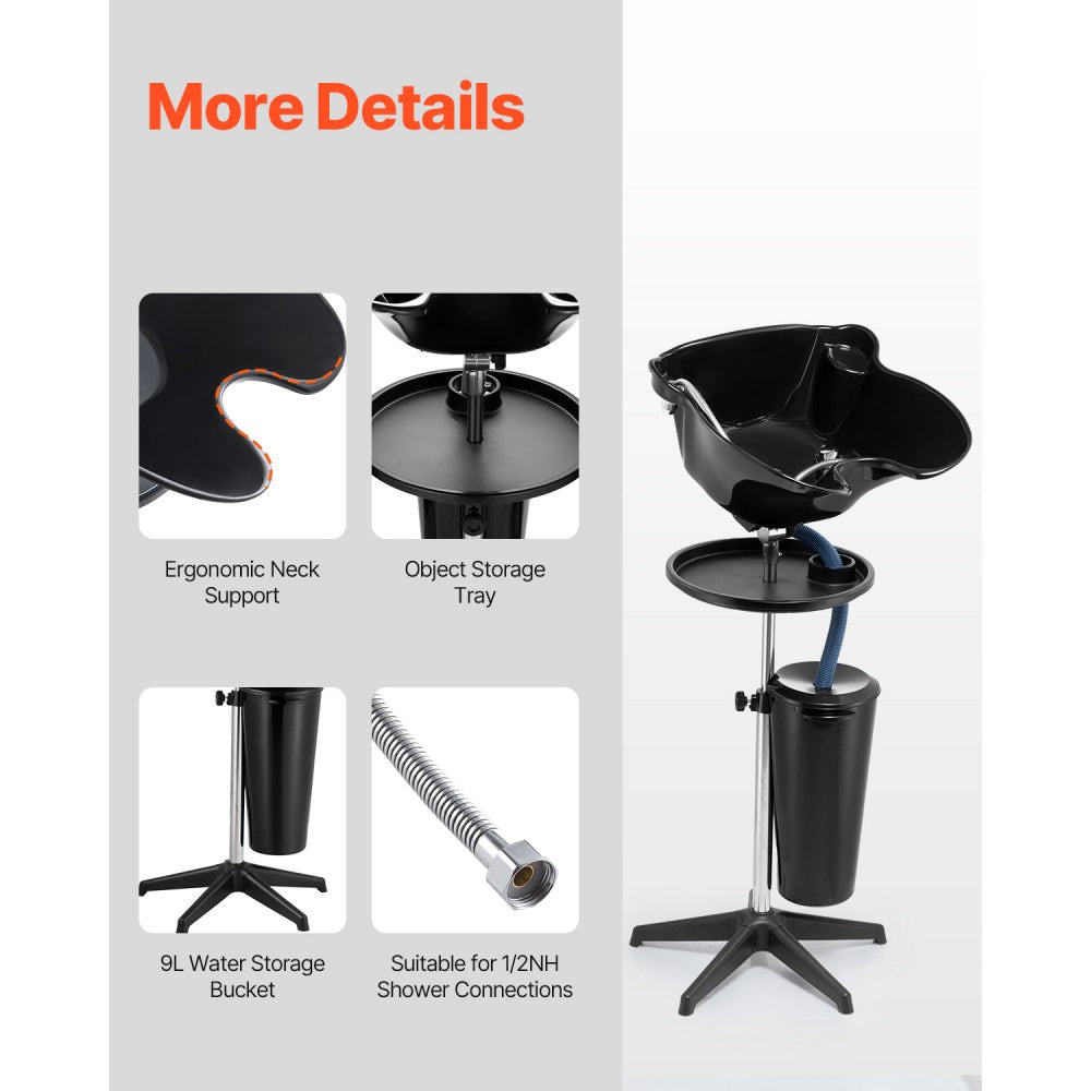 VEVOR Portable Shampoo Bowl, Deep Shampoo Sink for Washing Hair with Adjustable Height and Angle, Includes Drain Hose, Shower Head and Bucket, Portable Salon Sink for Barbershop Spa Center Use, Black