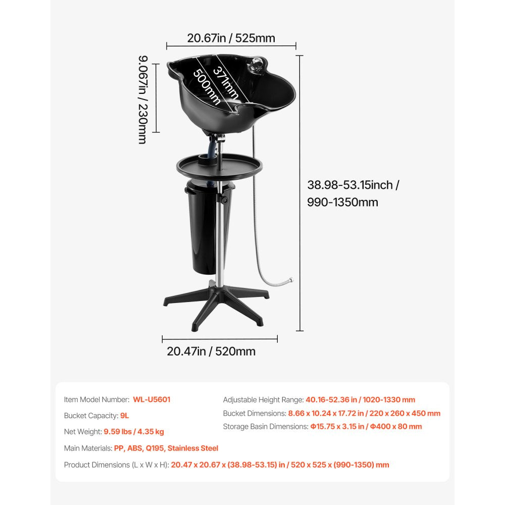 VEVOR Portable Shampoo Bowl, Deep Shampoo Sink for Washing Hair with Adjustable Height and Angle, Includes Drain Hose, Shower Head and Bucket, Portable Salon Sink for Barbershop Spa Center Use, Black