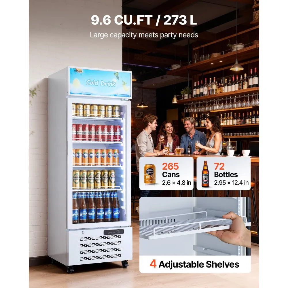 VEVOR Commercial Merchandiser Refrigerator, 9.6 Cu.Ft / 273 L Glass Door Display Refrigerator, Upright Beverage Cooler with Customizable Lightbox, 4 Adjustable Shelves & Soft LED Light for Homes Shops