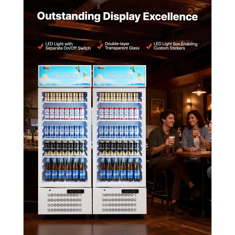 VEVOR Commercial Merchandiser Refrigerator, 9.6 Cu.Ft / 273 L Glass Door Display Refrigerator, Upright Beverage Cooler with Customizable Lightbox, 4 Adjustable Shelves & Soft LED Light for Homes Shops