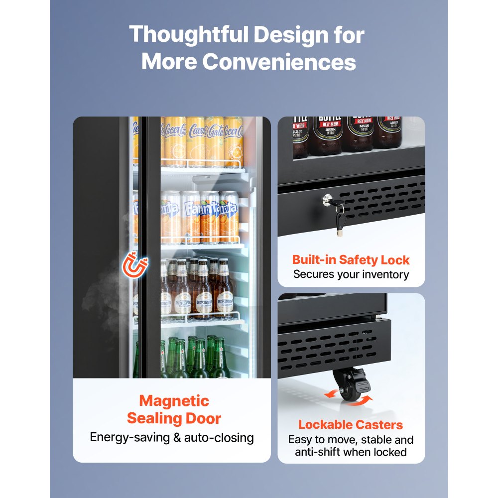 VEVOR Commercial Merchandiser Refrigerator, 8.3 Cu.Ft / 235 L Glass Door Display Refrigerator, Upright Beverage Cooler Fridge with 5 Adjustable Shelves, Soft LED Light & Casters for Homes Shops Bars
