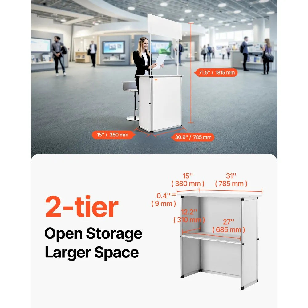 VEVOR Promotion Counter Table, Portable Tradeshow Podium Table, 30.91" x 14.96" x 71.46", Display Exhibition Counter Stand Booth Fair with Wall, Pop Up Podium with Storage Rack/Carrying Bag