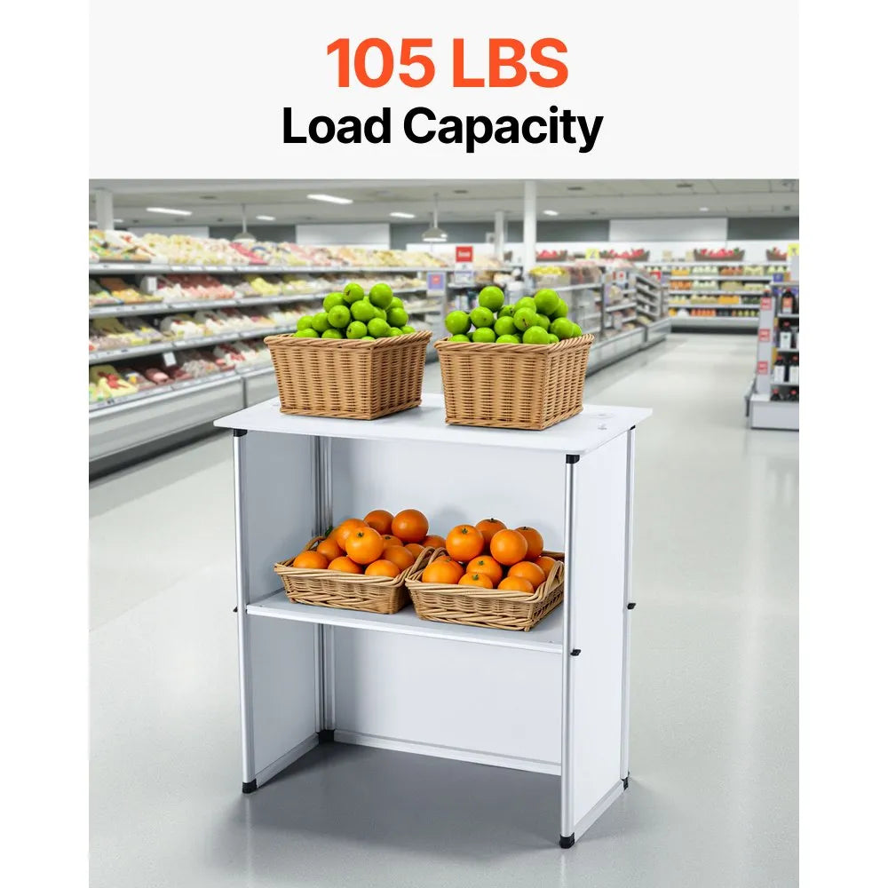 VEVOR Promotion Counter Table, Portable Tradeshow Podium Table, 30.91" x 14.96" x 71.46", Display Exhibition Counter Stand Booth Fair with Wall, Pop Up Podium with Storage Rack/Carrying Bag