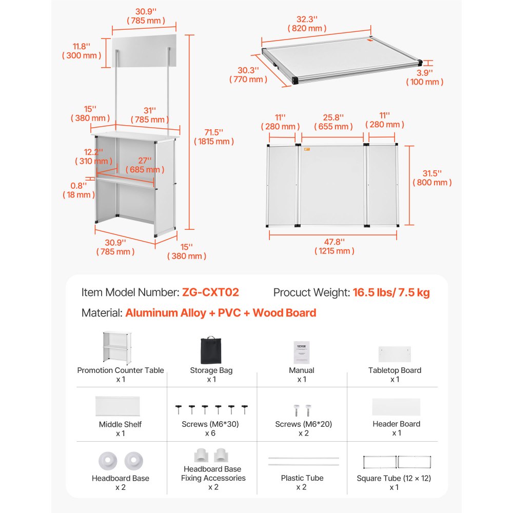 VEVOR Promotion Counter Table, Portable Tradeshow Podium Table, 30.91" x 14.96" x 71.46", Display Exhibition Counter Stand Booth Fair with Wall, Pop Up Podium with Storage Rack/Carrying Bag