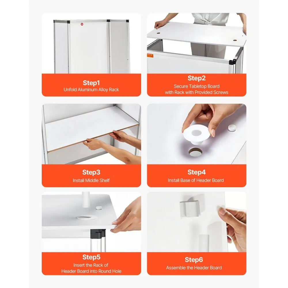 VEVOR Promotion Counter Table, Portable Tradeshow Podium Table, 30.91" x 14.96" x 71.46", Display Exhibition Counter Stand Booth Fair with Wall, Pop Up Podium with Storage Rack/Carrying Bag