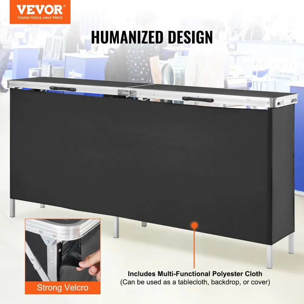 VEVOR Extra Long Folding Portable Bar Table - Tradeshow Podium Table for Indoor, Outdoor, Party, Picnic, Exhibition, Includes Carrying Case, Storage Shelf and  Black Skirt, 77.95" x 15.16" x 34.65"