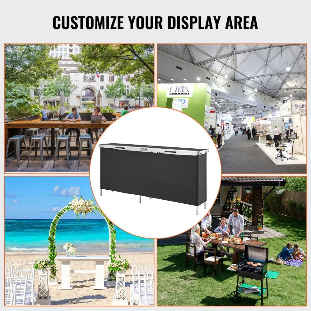VEVOR Extra Long Folding Portable Bar Table - Tradeshow Podium Table for Indoor, Outdoor, Party, Picnic, Exhibition, Includes Carrying Case, Storage Shelf and  Black Skirt, 77.95" x 15.16" x 34.65"
