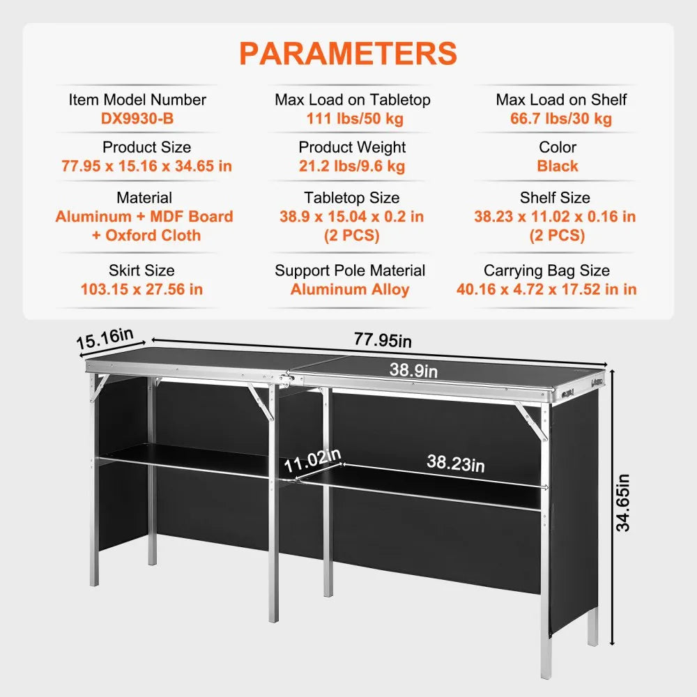 VEVOR Extra Long Folding Portable Bar Table - Tradeshow Podium Table for Indoor, Outdoor, Party, Picnic, Exhibition, Includes Carrying Case, Storage Shelf and  Black Skirt, 77.95" x 15.16" x 34.65"