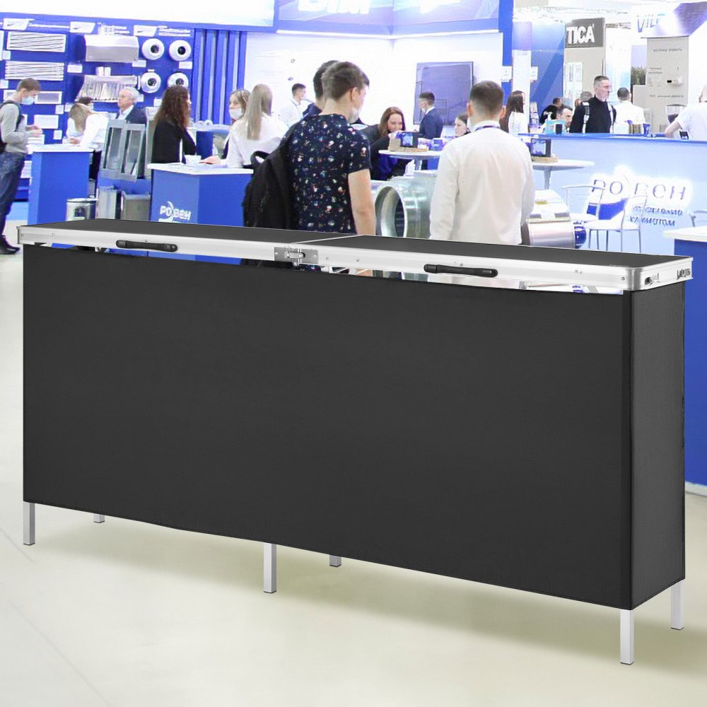 VEVOR Extra Long Folding Portable Bar Table - Tradeshow Podium Table for Indoor, Outdoor, Party, Picnic, Exhibition, Includes Carrying Case, Storage Shelf and  Black Skirt, 77.95" x 15.16" x 34.65"