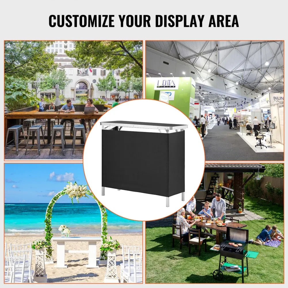 VEVOR Folding Portable Bar Table, Tradeshow Podium Table for Indoor, Outdoor, Party, Picnic, Exhibition, Includes Carrying Case, Storage Shelf and  Black Skirt, 38.39" x 15.16" x 34.25"