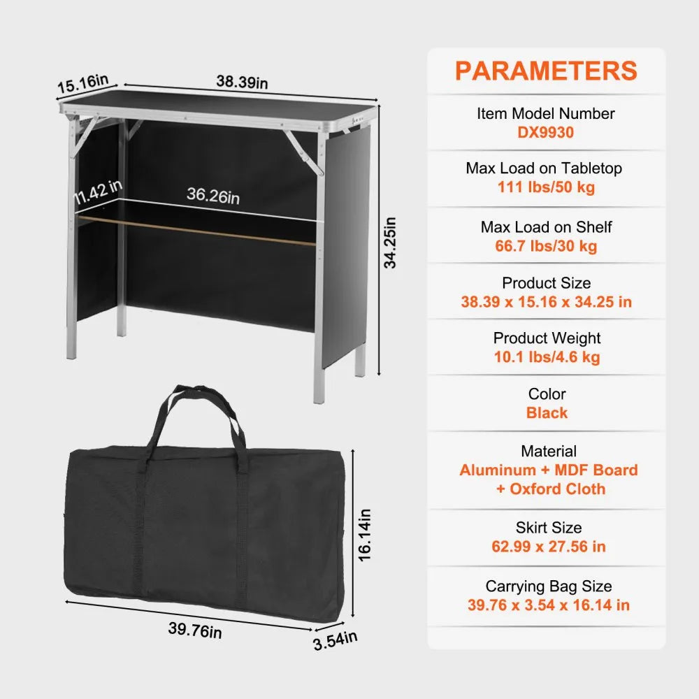 VEVOR Folding Portable Bar Table, Tradeshow Podium Table for Indoor, Outdoor, Party, Picnic, Exhibition, Includes Carrying Case, Storage Shelf and  Black Skirt, 38.39" x 15.16" x 34.25"
