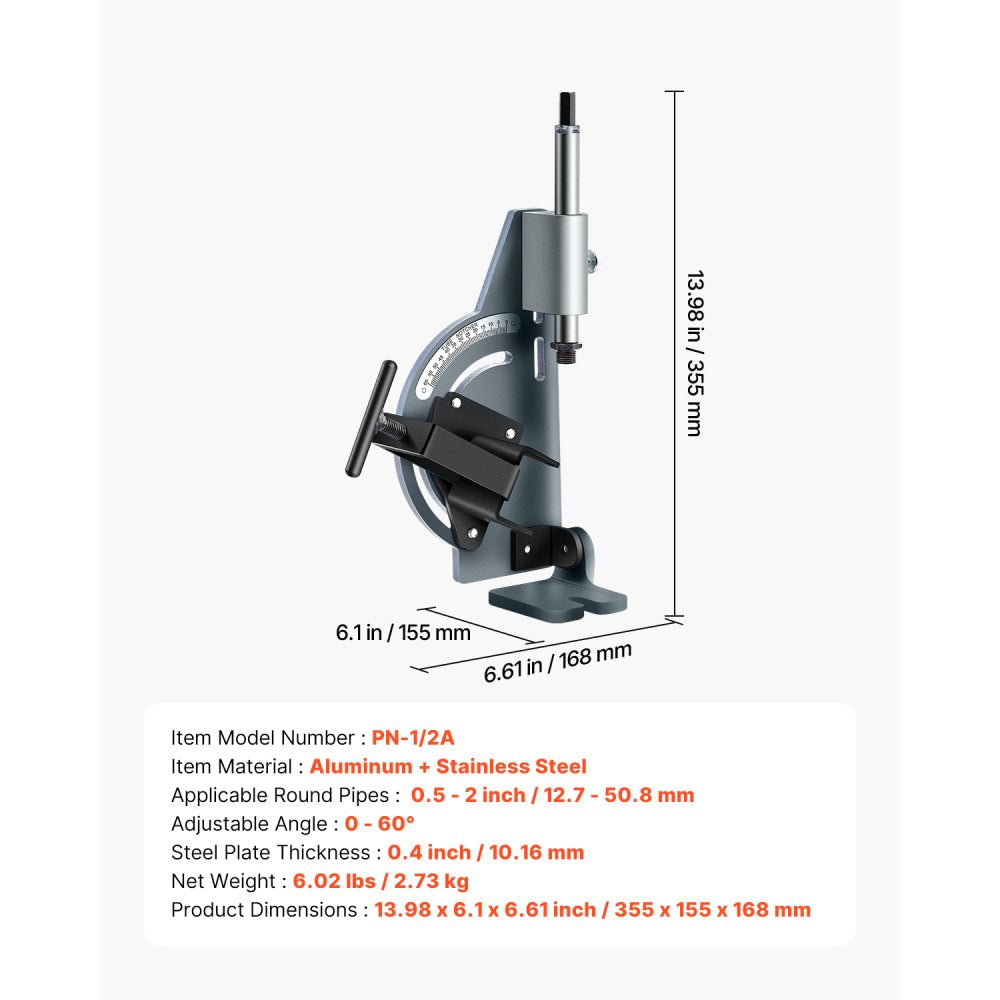 VEVOR Pipe Notcher, Tubing Notcher for 1/2 to 2-inch Pipes, Pipe & Tube Notcher with 0 to 60° Adjustable Angle for Metal, PVC, Wood Pipes, Ideal for Repair Shops, Home Projects, Metalworking