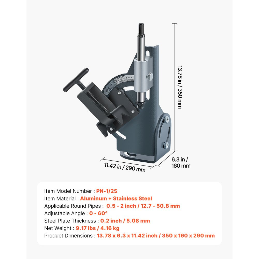 VEVOR Pipe Notcher, 1/2 to 2-inch Tubing Notcher with 0 to 60° Adjustable Angle, Pipe and Tube Notching Tool for Repair Shops, Home Projects, Metalworking
