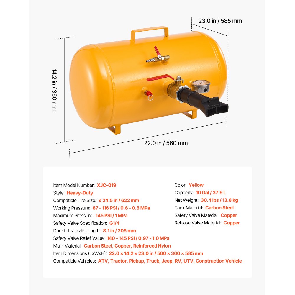 VEVOR Air Tire Bead Seater, 10 Gal / 37.9 L, Heavy Duty Tire Bead Blaster Tool, 87-116 PSI Operating Pressure, Air Trigger Seating Inflator for ATV, Tractor, Pickup, Truck, Jeep, RV, UTV, Yellow