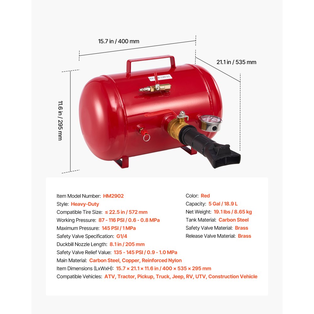 VEVOR Air Tire Bead Seater, 5 Gal / 18.9 L, Heavy Duty Tire Bead Blaster Tool, 87-116 PSI Operating Pressure, Air Trigger Seating Inflator for Pickup, Truck, ATV, Jeep, Van, Lawn Tractor, RV, Red
