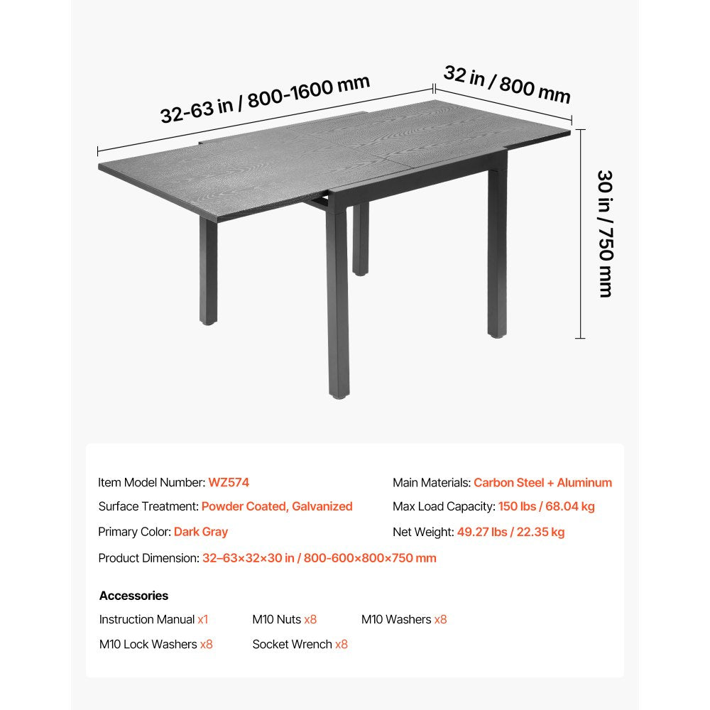 VEVOR Expandable Outdoor Patio Dining Table, 32–63 inch Rectangular Backyard Bistro Tables for 4-6, Aluminum Frame Metal Steel Slat , All-Weather Large Furniture for Lawn Garden Porch, Dark Gray