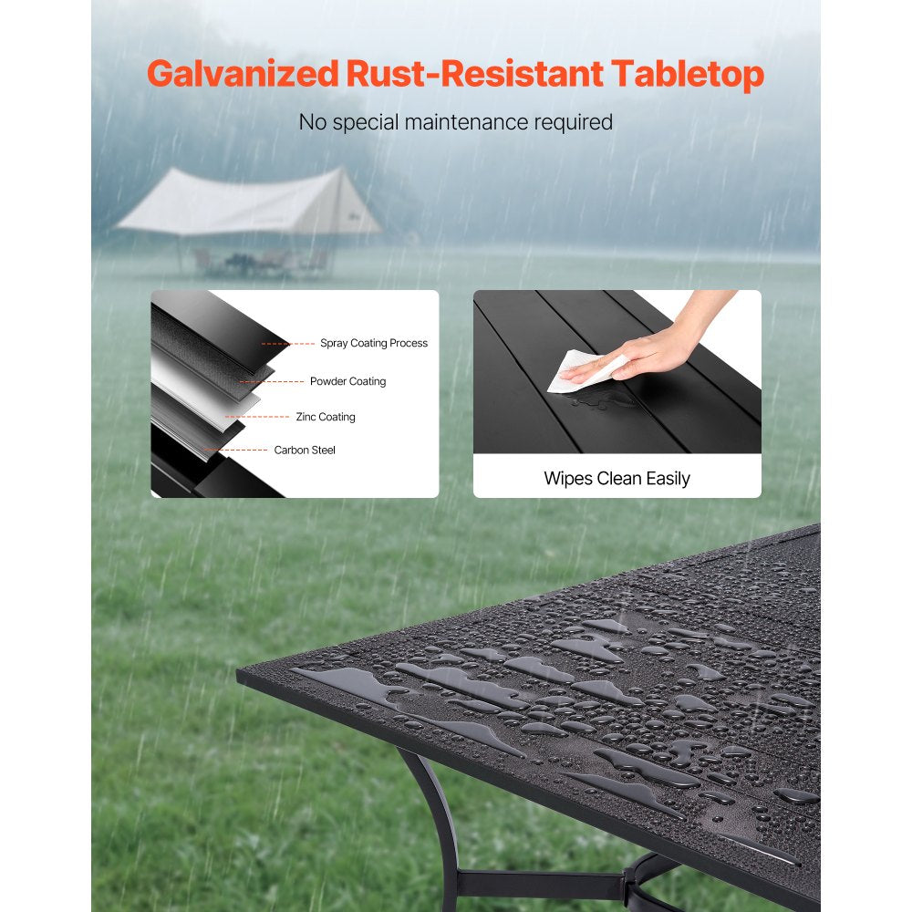 VEVOR Outdoor Patio Dining Table, 59 inch Long Rectangular Metal Steel Slat Backyard Bistro Tables for 4-6, with 1.5 in Umbrella Hole, All-Weather Large Furniture for Lawn Garden Porch, Black