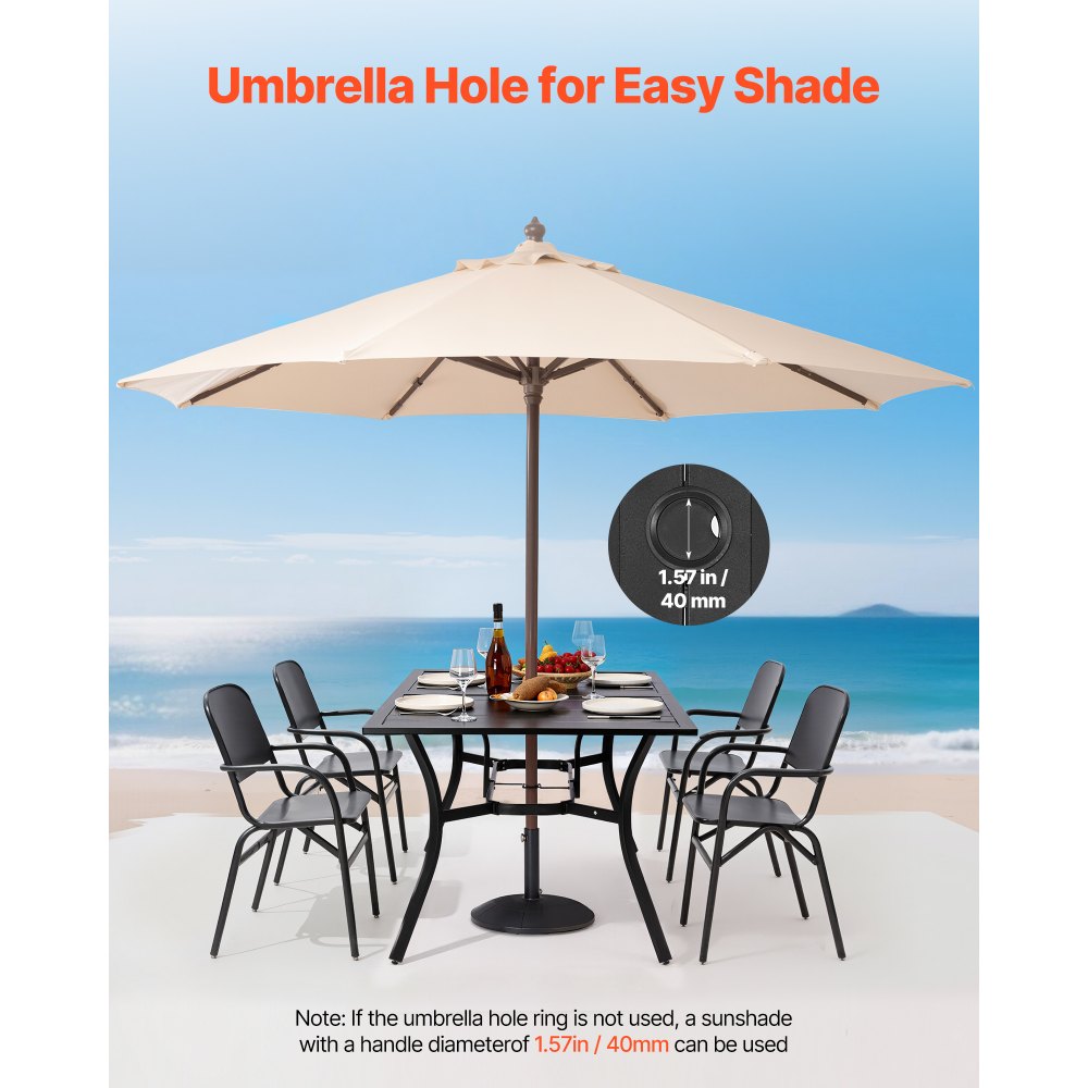 VEVOR Outdoor Patio Dining Table, 59 inch Long Rectangular Metal Steel Slat Backyard Bistro Tables for 4-6, with 1.5 in Umbrella Hole, All-Weather Large Furniture for Lawn Garden Porch, Black