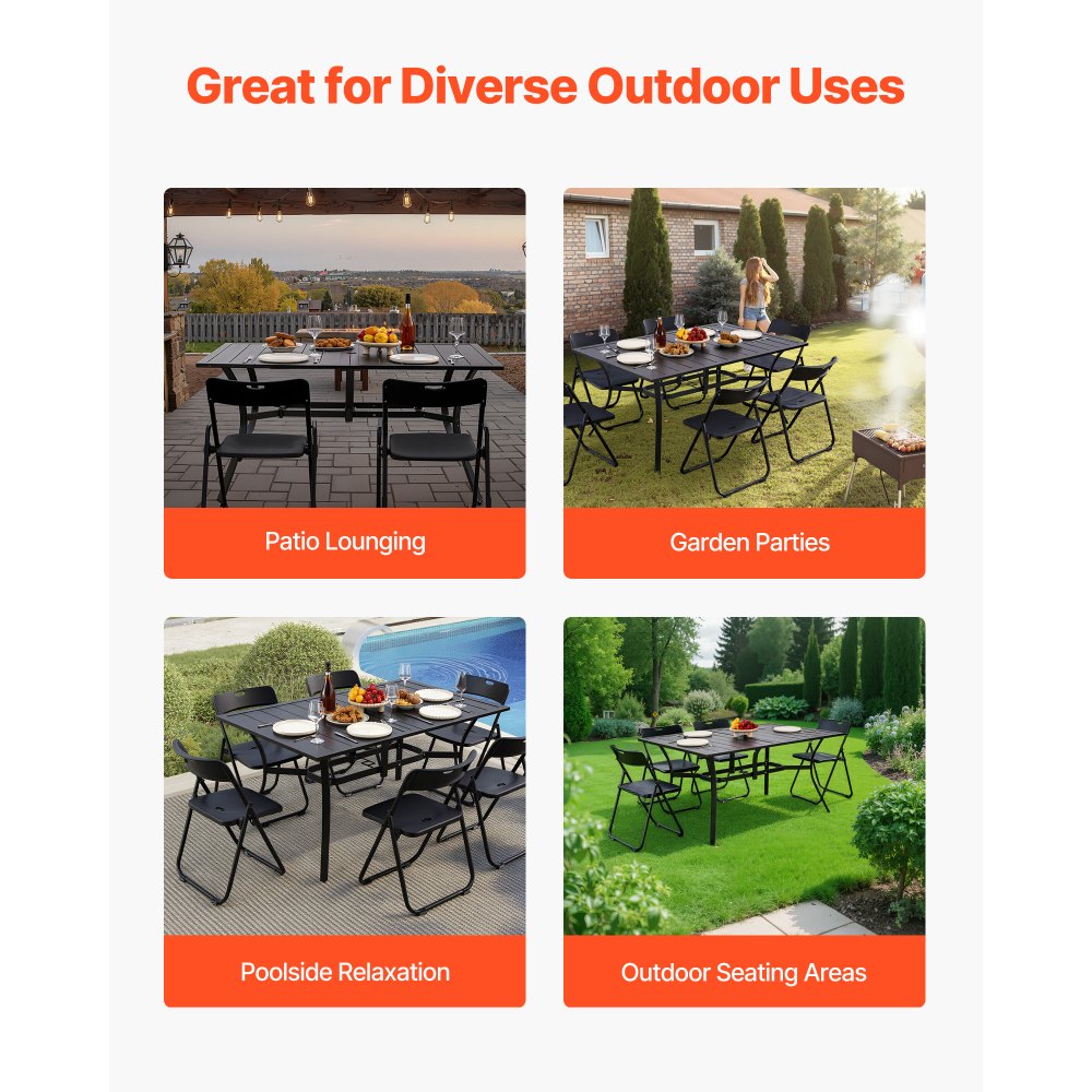 VEVOR Outdoor Patio Dining Table, 59 inch Long Rectangular Metal Steel Slat Backyard Bistro Tables for 4-6, with 1.5 in Umbrella Hole, All-Weather Large Furniture for Lawn Garden Porch, Black