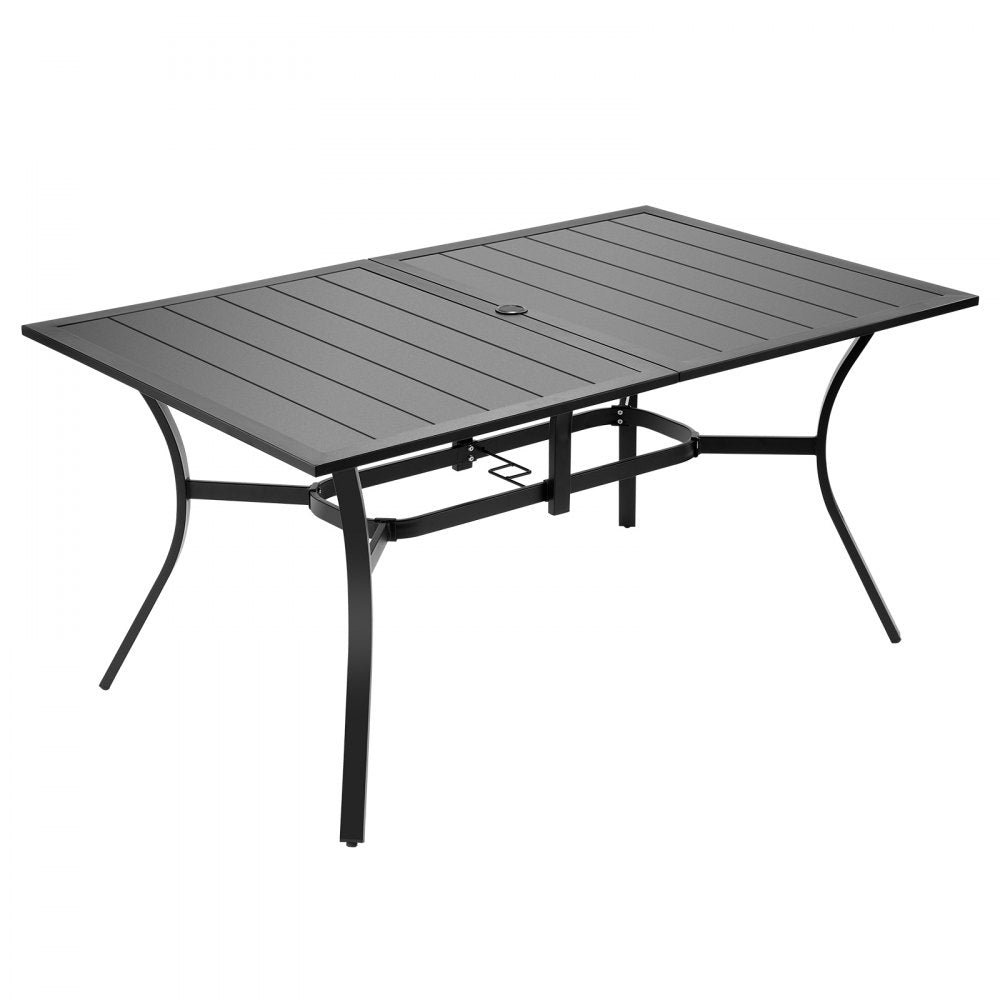 VEVOR Outdoor Patio Dining Table, 59 inch Long Rectangular Metal Steel Slat Backyard Bistro Tables for 4-6, with 1.5 in Umbrella Hole, All-Weather Large Furniture for Lawn Garden Porch, Black
