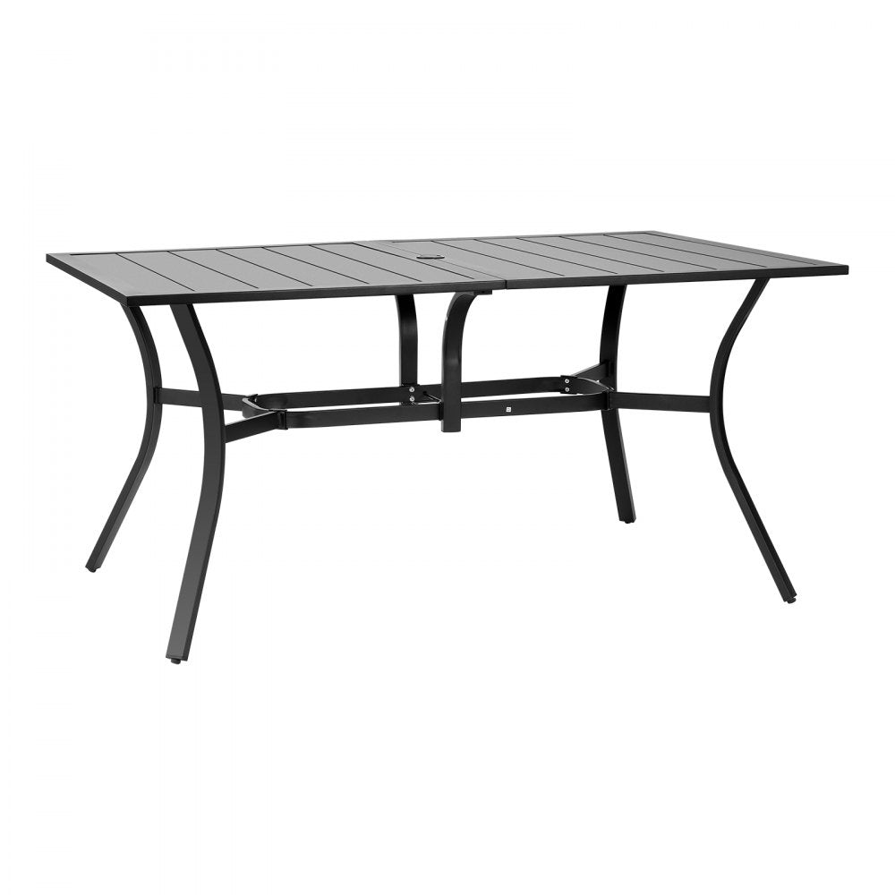 VEVOR Outdoor Patio Dining Table, 59 inch Long Rectangular Metal Steel Slat Backyard Bistro Tables for 4-6, with 1.5 in Umbrella Hole, All-Weather Large Furniture for Lawn Garden Porch, Black