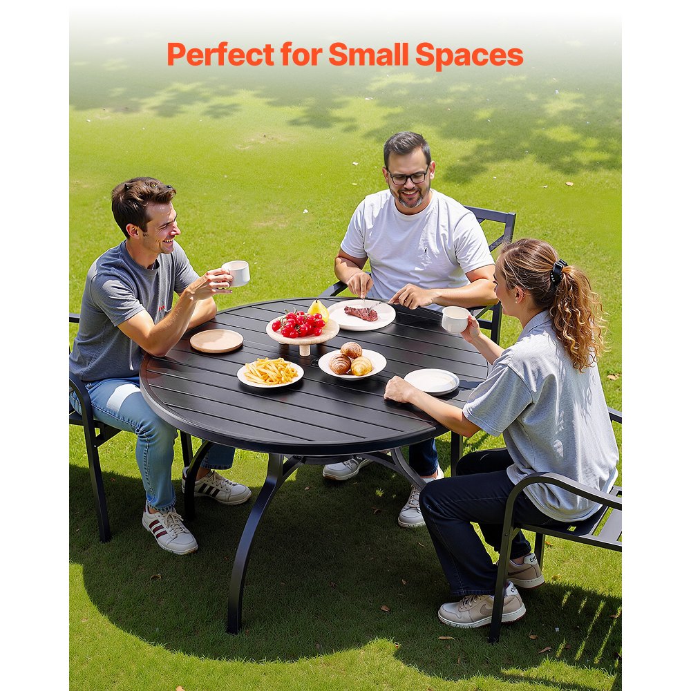 VEVOR Outdoor Patio Dining Table, 47 inch Round Metal Steel Slat Backyard Bistro Tables, with 1.5 in Umbrella Hole, Outside All-Weather Large Furniture for Lawn Garden Porch, Black