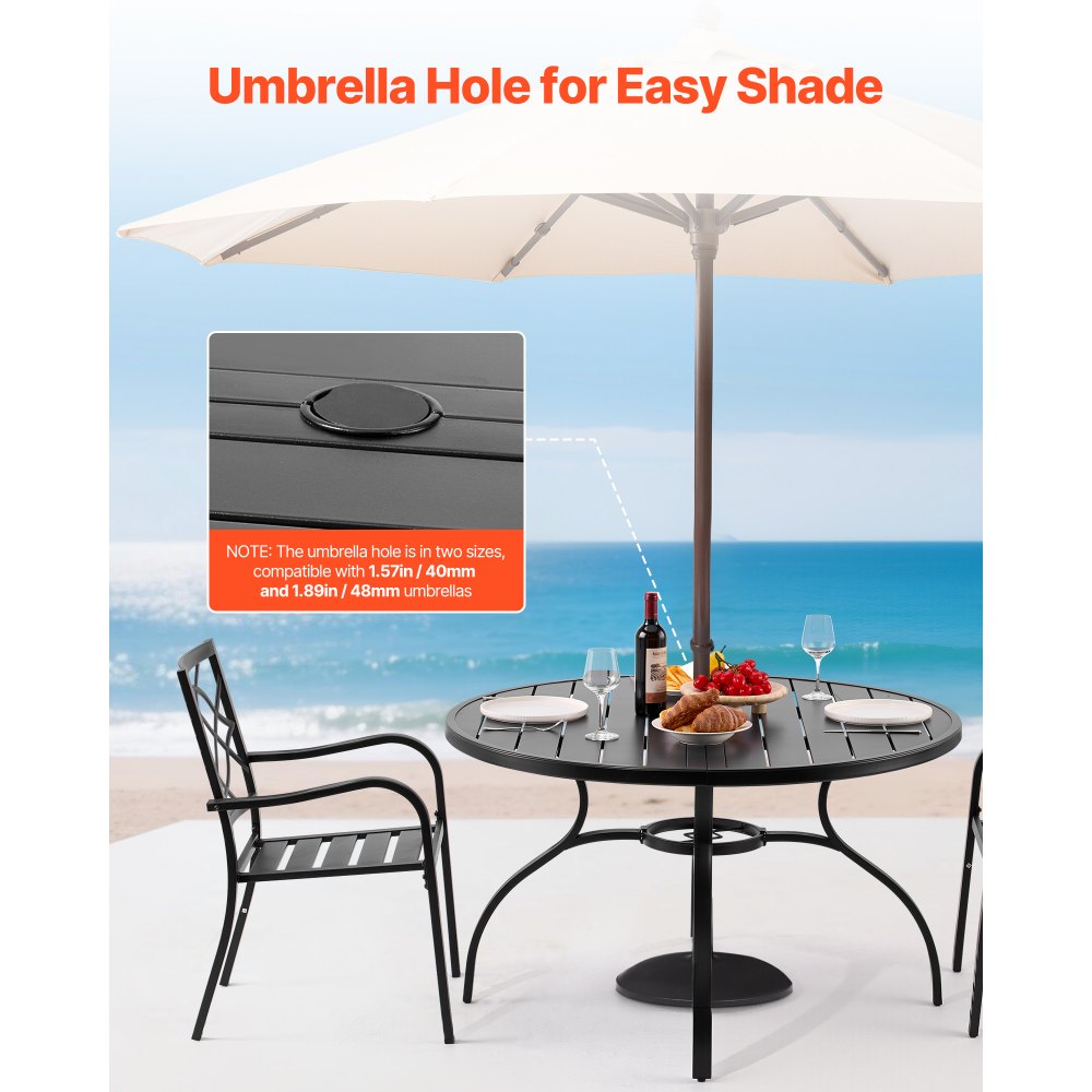 VEVOR Outdoor Patio Dining Table, 47 inch Round Metal Steel Slat Backyard Bistro Tables, with 1.5 in Umbrella Hole, Outside All-Weather Large Furniture for Lawn Garden Porch, Black
