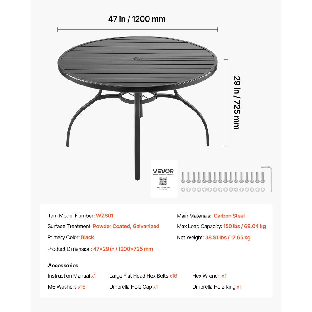 VEVOR Outdoor Patio Dining Table, 47 inch Round Metal Steel Slat Backyard Bistro Tables, with 1.5 in Umbrella Hole, Outside All-Weather Large Furniture for Lawn Garden Porch, Black