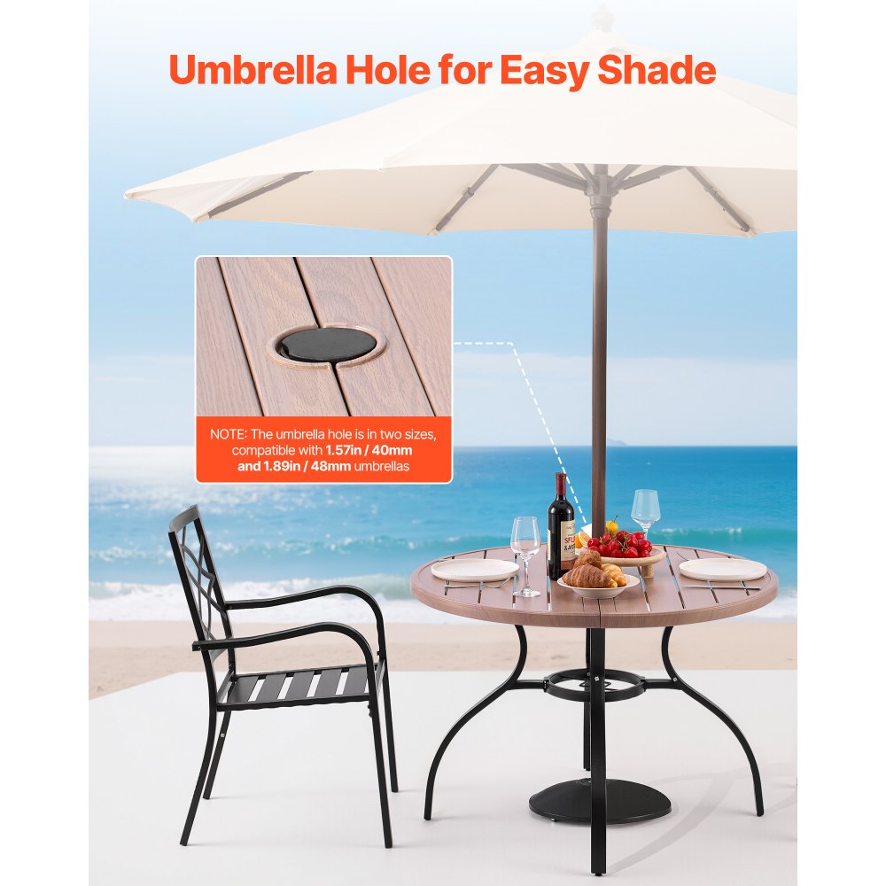 VEVOR Outdoor Patio Dining Table, 41 inch Round Wood-Like Steel Slat Backyard Bistro Coffee Tables for 4, with 1.5 in Umbrella Hole, Outside All-Weather Large Furniture for Lawn Garden Porch, Gray