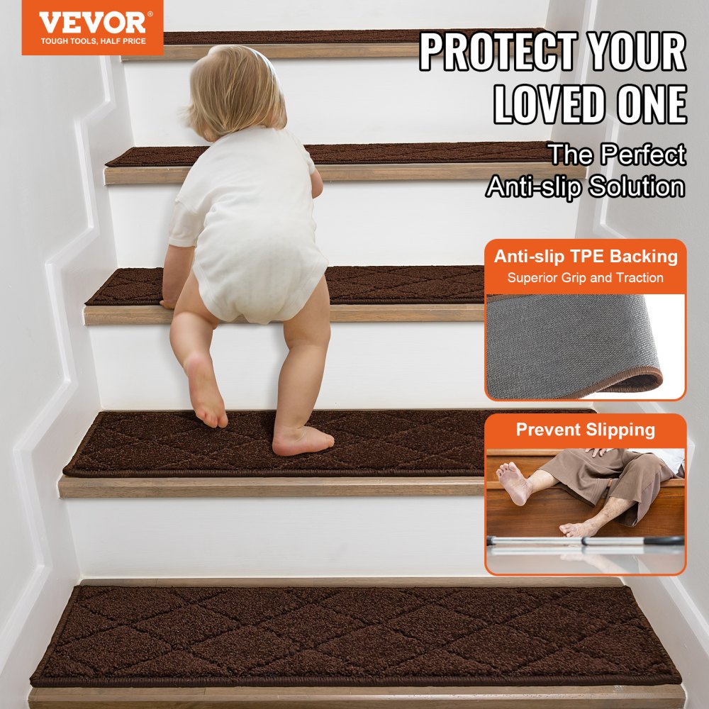 VEVOR Stair Treads, Stairs Carpet Non Slip 9" x 28", Indoor Stair Runner for Wooden Steps, Anti Slip Carpet Soft Edging Stair Rugs Mats for Kids Elders and Dogs, 15 pcs, Brown
