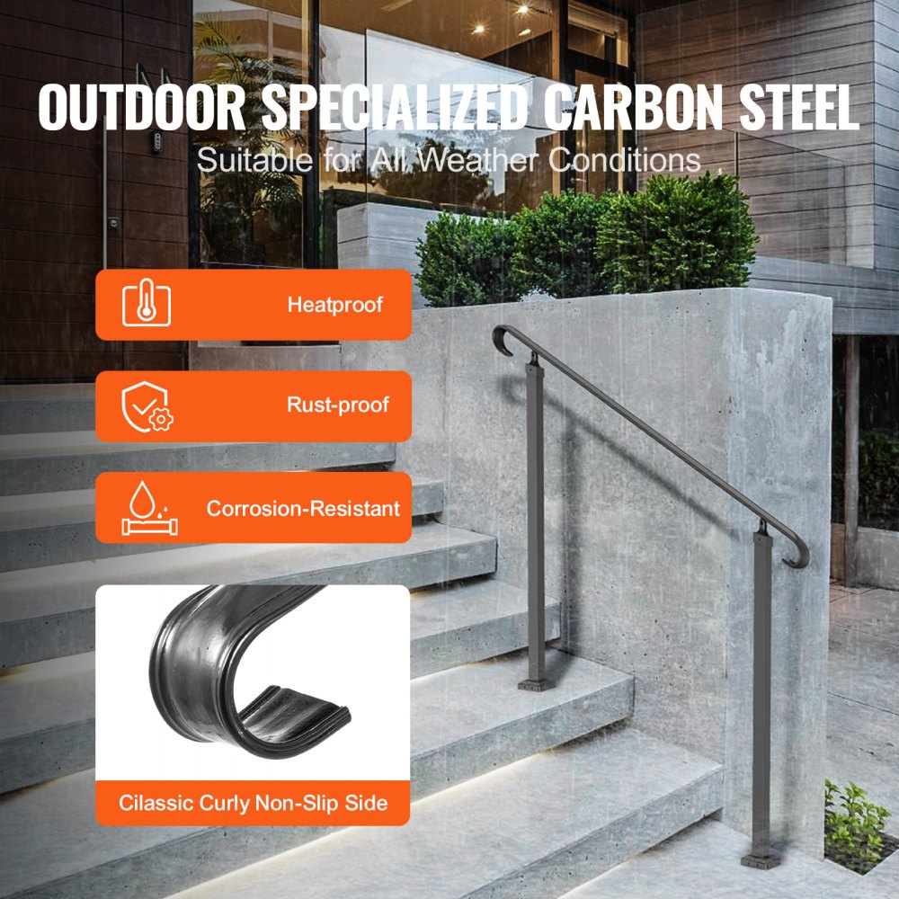 VEVOR Handrails for Outdoor Steps, Fit 1-3 Steps Wrought Iron Handrail, Outdoor Stair Railing, Adjustable Front Porch Hand Rail, Black Transitional Hand railings for Concrete Steps or Wooden Stairs