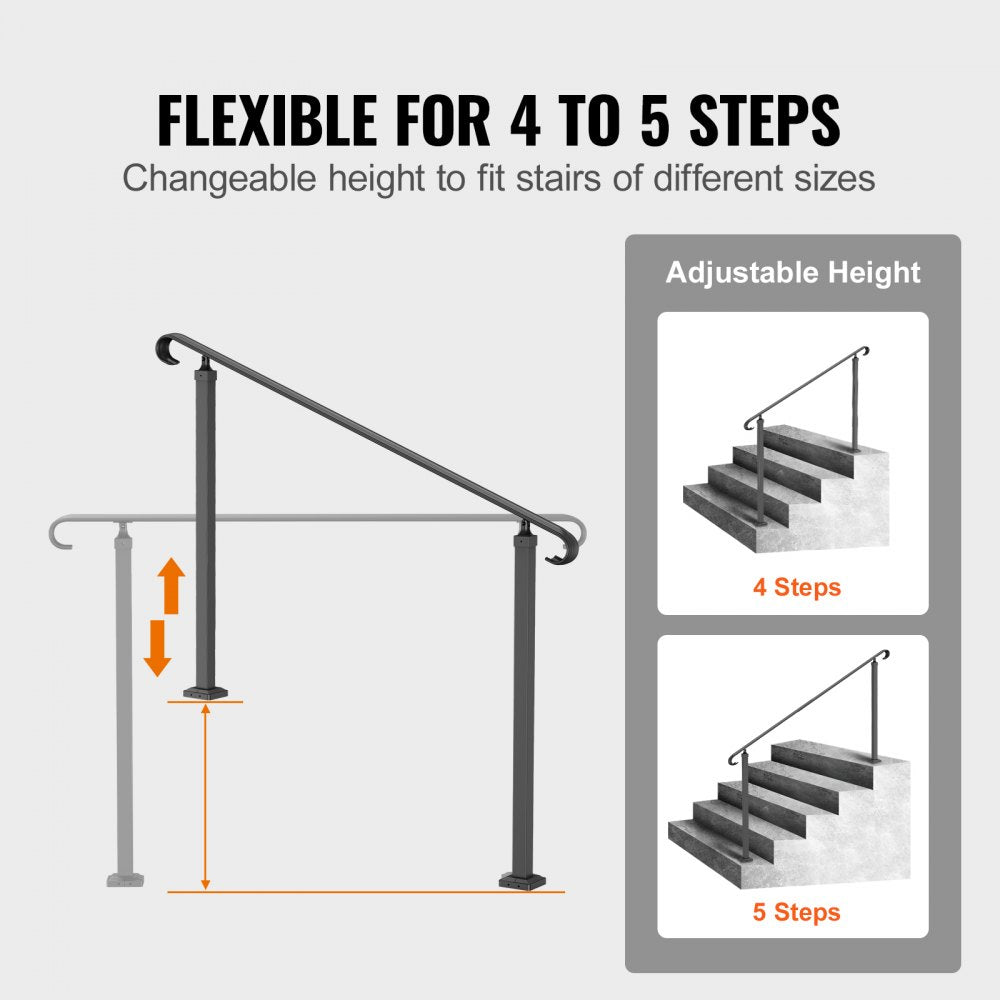 VEVOR Handrails for Outdoor Steps, Fit 3-5 Steps Outdoor Stair Railing, Wrought Iron Handrail, Flexible Front Porch Hand Rail, Black Transitional Hand railings for Concrete Steps or Wooden Stairs