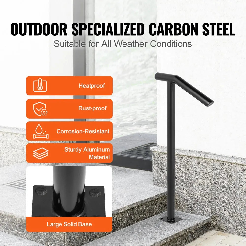 VEVOR Single Post 1-2, Black Steel Railing 441LBS Capacity Baking Varnish Iron Stairs Stylish Handrails for Outdoor Steps with Expansion Bolts & Drill Bit
