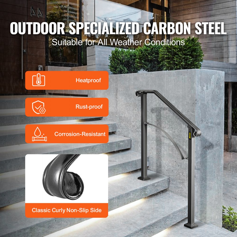 VEVOR Handrails for Outdoor Steps, Fit 2 or 3 Steps Outdoor Stair Railing, Arch#2 Wrought Iron Handrail, Flexible Porch Railing, Black Transitional Handrails for Concrete Steps or Wooden Stairs