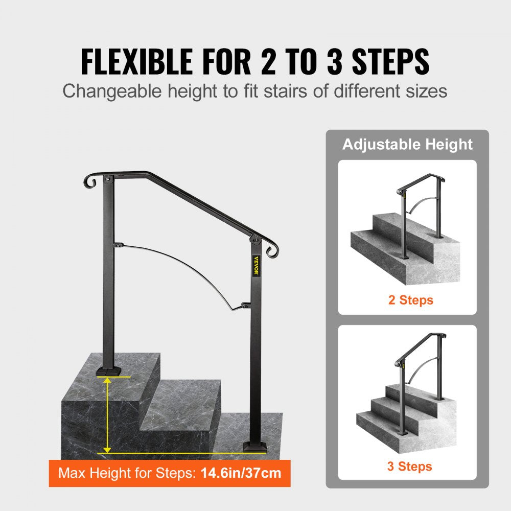 VEVOR Handrails for Outdoor Steps, Fit 2 or 3 Steps Outdoor Stair Railing, Arch#2 Wrought Iron Handrail, Flexible Porch Railing, Black Transitional Handrails for Concrete Steps or Wooden Stairs
