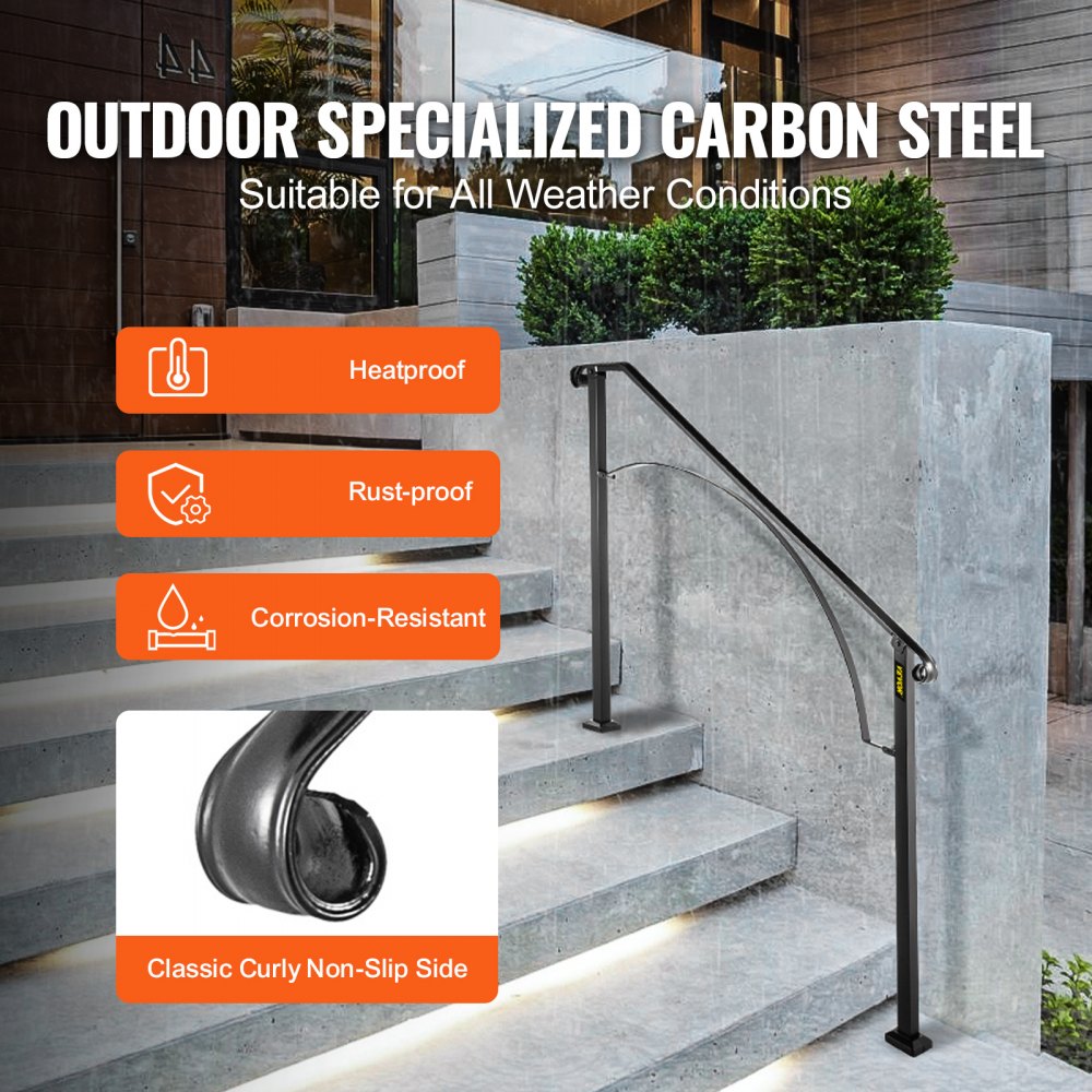 VEVOR Handrails for Outdoor Steps, Fit 3 or 4 Steps Outdoor Stair Railing, Arch#3 Wrought Iron Handrail, Flexible Porch Railing, Black Transitional Handrails for Concrete Steps or Wooden Stairs