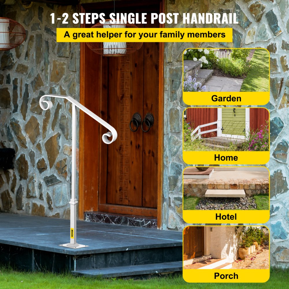 VEVOR Single Post Handrail White Wrought Iron Post Mount Step Grab Supports Fits 1 or 2 Steps Grab Rail Single Post Railing