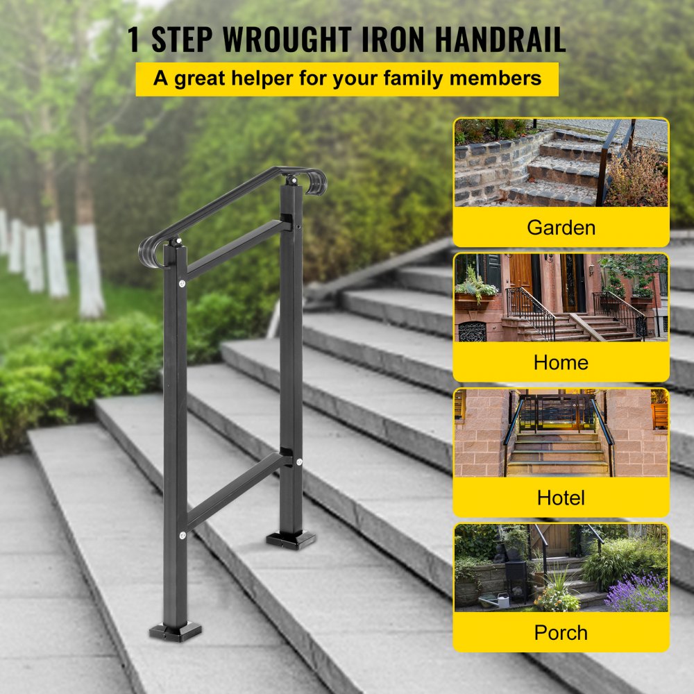 VEVOR Outdoor Stair Railing, Fit 1 or 2 Steps Wrought Iron Handrail, Adjustable Front Porch Hand Railings, Black Transitional Hand Rail for Concrete Steps or Wooden Stairs with Installation Kit