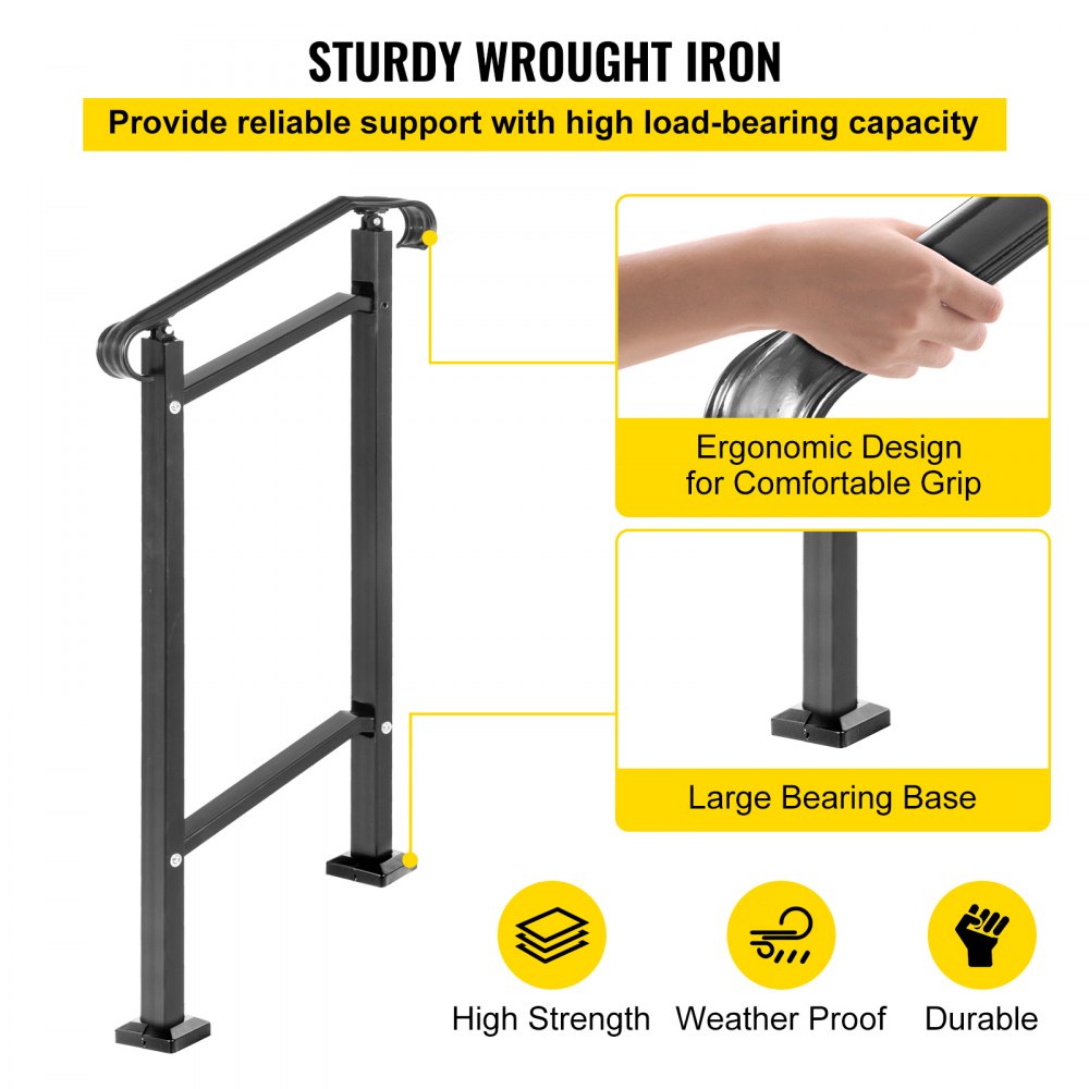 VEVOR Outdoor Stair Railing, Fit 1 or 2 Steps Wrought Iron Handrail, Adjustable Front Porch Hand Railings, Black Transitional Hand Rail for Concrete Steps or Wooden Stairs with Installation Kit